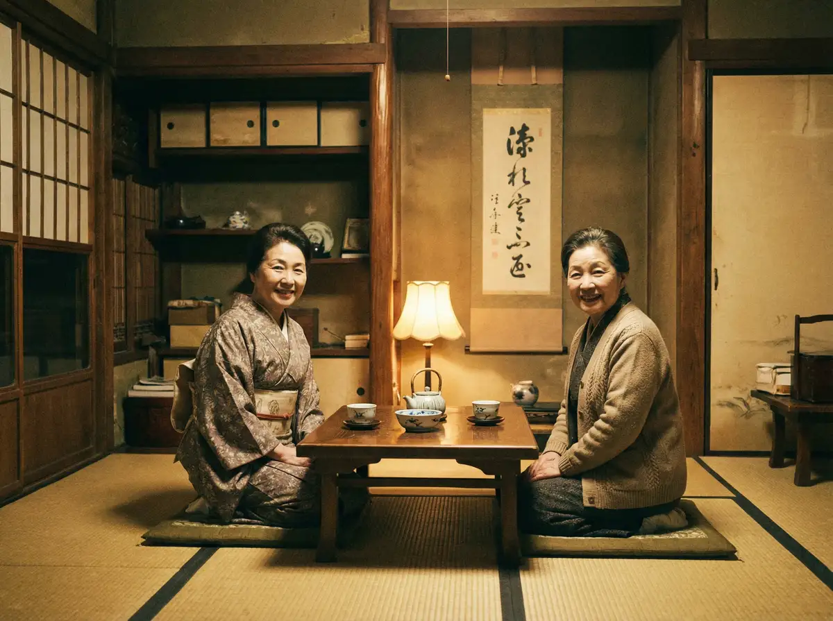 两位优雅的 原神同人 在日式茶室中品茶交谈